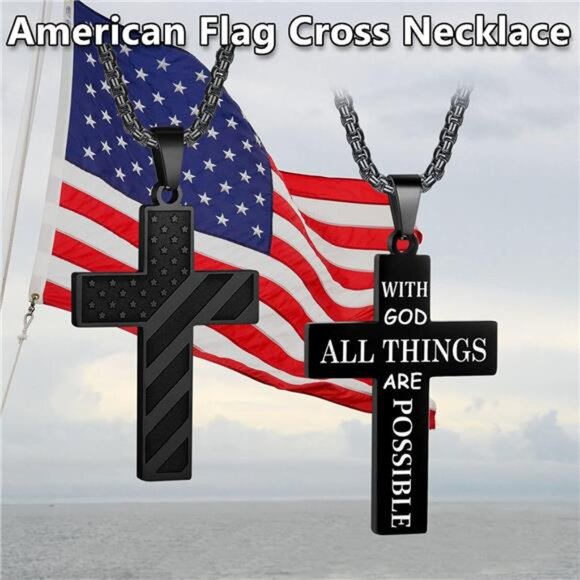 BLACK American Flag GOD Cross Necklace Men Stainless Steel Box Chain 22+2 inch - Picture 5 of 7